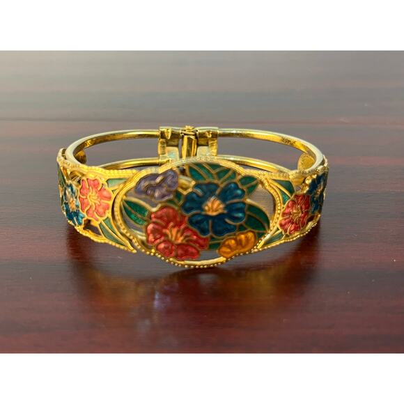 VTG Cloisonne Hinged Cuffed Bracelet Gold Tone Floral Enamel - Picture 1 of 9